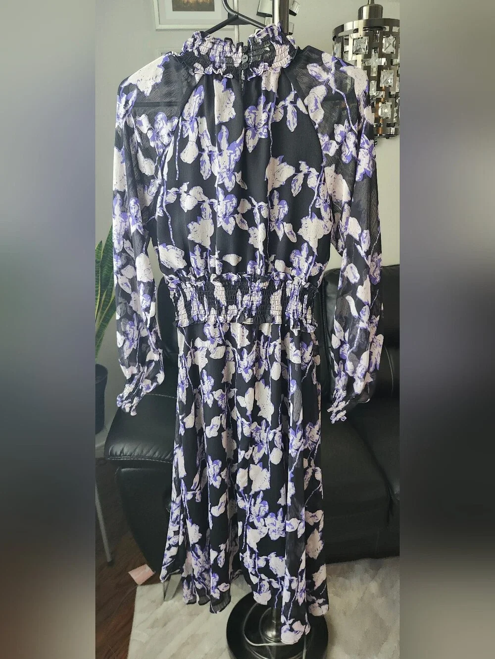 Long Sleeve Black Floral Midi Dress with Smocked Waist - Picture 8 of 10